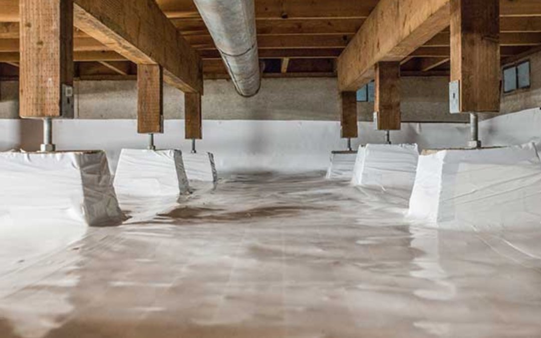 Finished crawlspace encapsulation with heavy-duty vapor barrier on the ground and walls, wrapped piers and post supports — Portland, Oregon